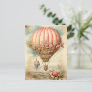 Vintag Steampton Pink Floral Hot Air Ballon Postkarte