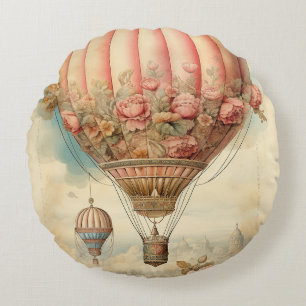 Vintag Steampton Pink Floral Hot Air Ballon Rundes Kissen