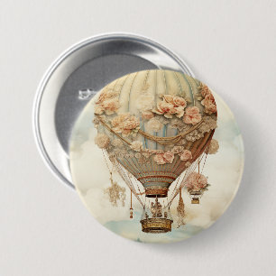Vintag Steampunk Floral Blue Hot Air Ballon (2) Button