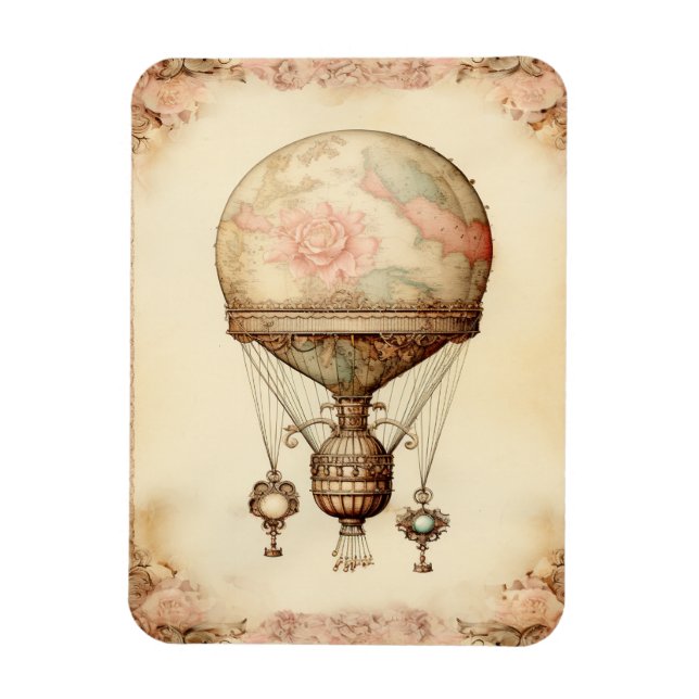Vintag Steampunk Floral Hot Air Ballon Magnet (Vertikal)