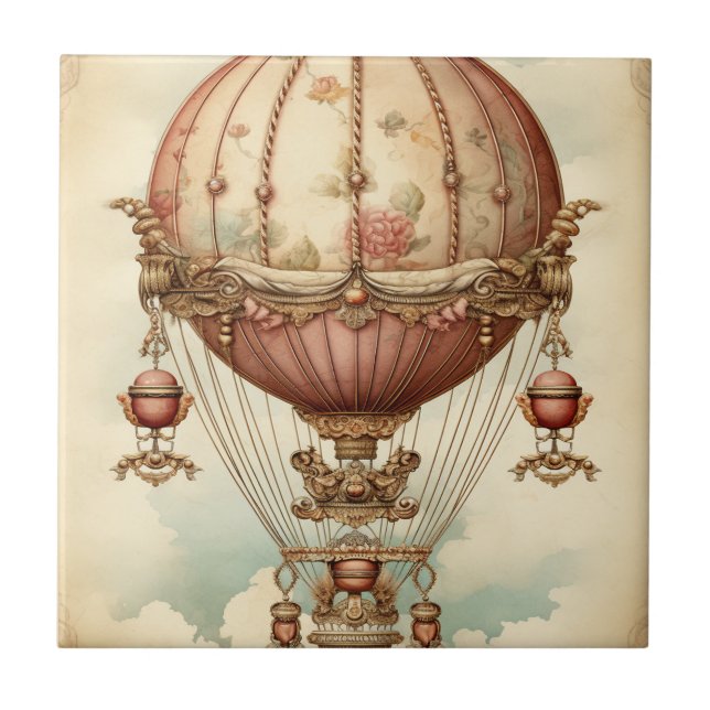 Vintag Steampunk Pink Heißluftballon Fliese (Vorderseite)