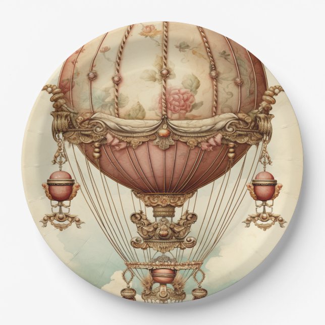 Vintag Steampunk Pink Heißluftballon Pappteller (Vorderseite)