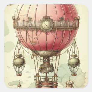 Vintag Steampunk Pink Hot Air Ballon (2) Quadratischer Aufkleber