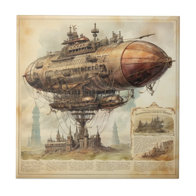 Vintag Steampunk Zeppelin (10) Fliese (Vorderseite)