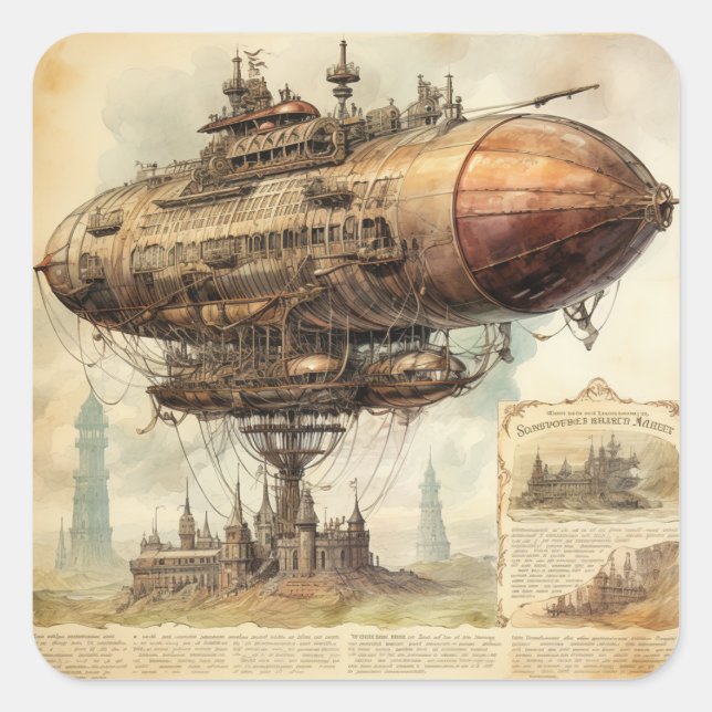 Vintag Steampunk Zeppelin (10) Quadratischer Aufkleber (Vorderseite)