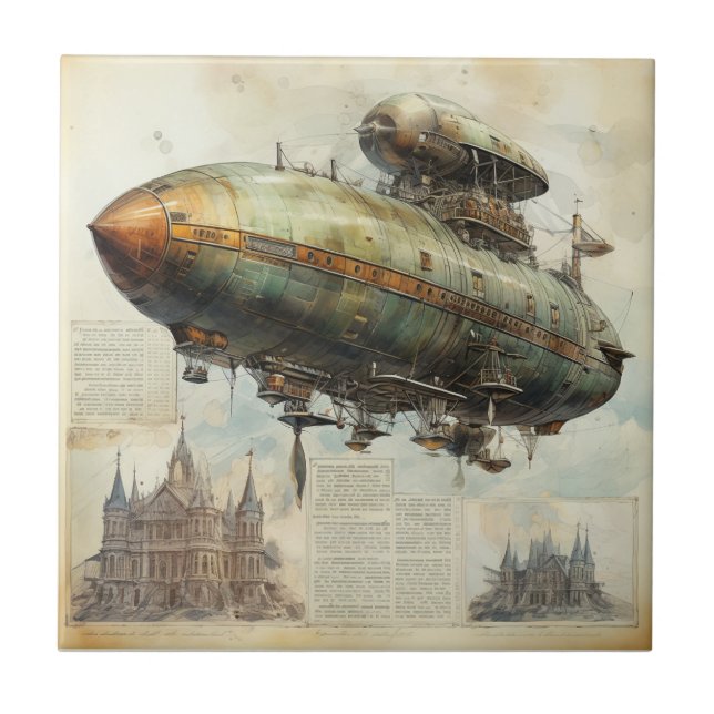 Vintag Steampunk Zeppelin (7) Fliese (Vorderseite)