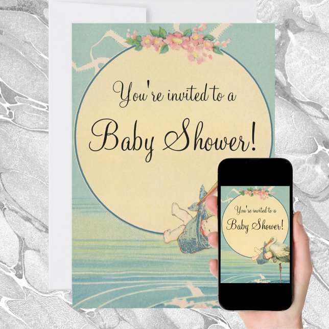 Vintag Stork Blue Blanket Baby Dusche Einladung (Von Creator hochgeladen)