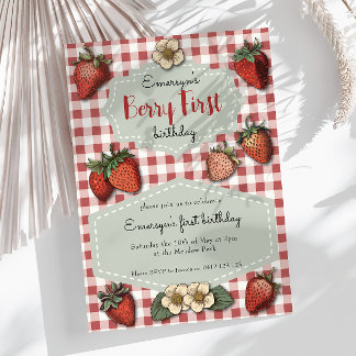 Vintag Strawberry Berry First Gingham Birthday Einladung