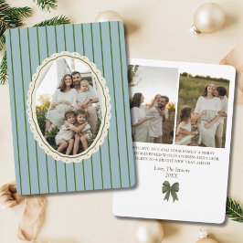 Vintag Stripe Green Bow 3-Foto-Familie Feiertagskarte