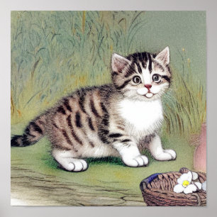 Vintag Striped Kitten Illustration Poster