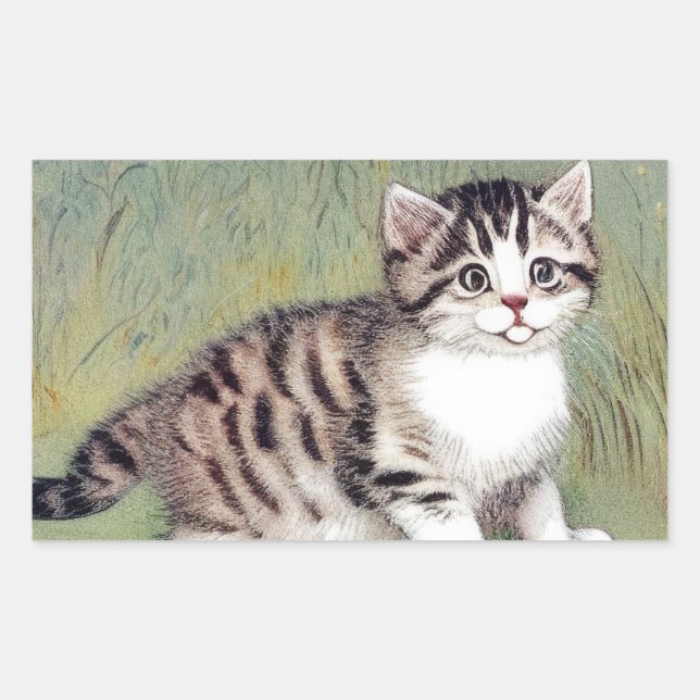 Vintag Striped Kitten Illustration Rechteckiger Aufkleber (Vorderseite)