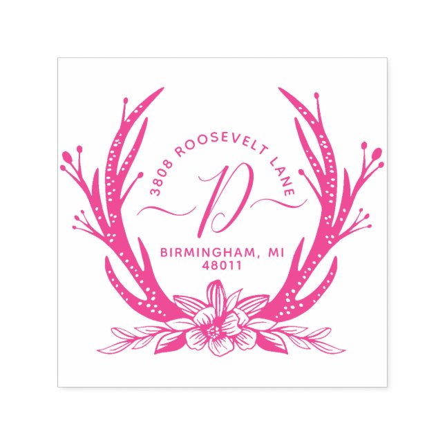 Vintag Style Antler Horns Floral Monogram Address Permastempel (Design)