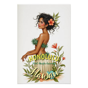 Vintag Style Hawaii Travel Honolulu Hula Girl Poster