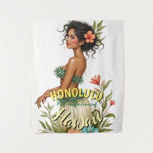 Vintag Style Hawaii Travel Honolulu Hula Girl Wandteppich