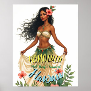 Vintag Style Hawaiian Travel Honolulu Hula Girl Poster