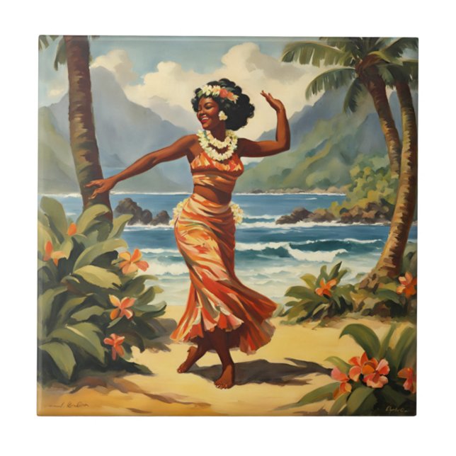 Vintag Style Hawaiian Travel Hula Girl Dancing Fliese (Vorderseite)