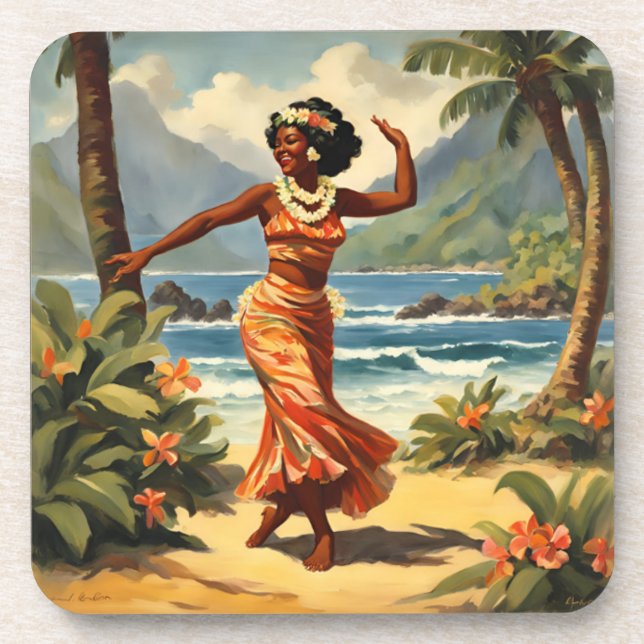 Vintag Style Hawaiian Travel Hula Girl Dancing Getränkeuntersetzer (Vorderseite)