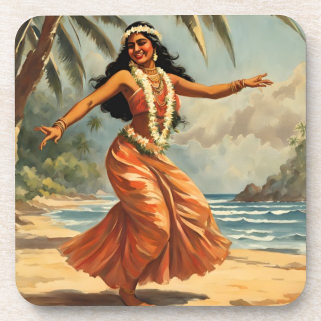 Vintag Style Hawaiian Travel Hula Girl Dancing Getränkeuntersetzer (Vorderseite)