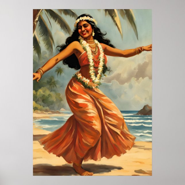 Vintag Style Hawaiian Travel Hula Girl Dancing Poster (Vorne)