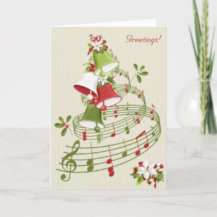 Vintag Style Musical Bells Poinsettias Holly Feiertagskarte