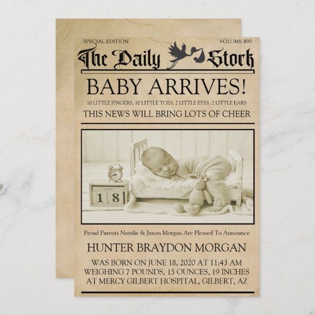 Vintag Style Newsletter Geburtsankündigung Einladung (Vorne/Hinten)