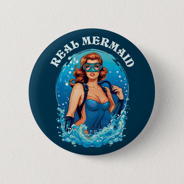 Vintag Style Real Mermaid - Female Scuba Diver Button (Vorderseite)