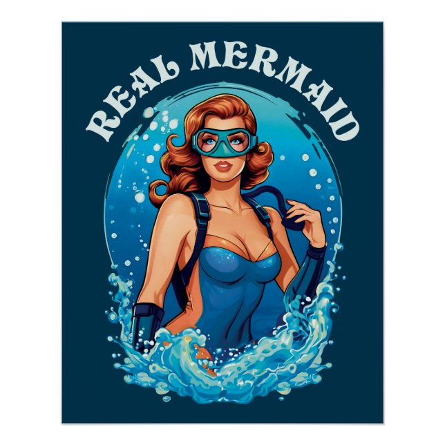 Vintag Style Real Mermaid - Female Scuba Diver Poster (Vorderseite)