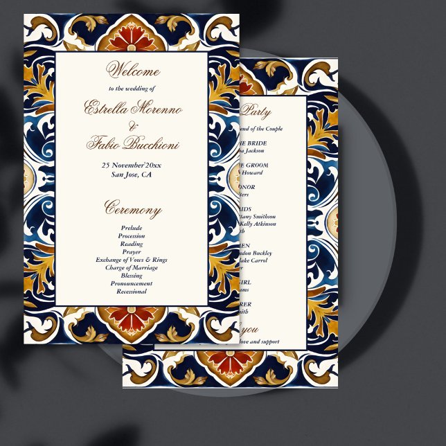 Vintag Talavera Azulejo (Vintage Talavera Azulejo blue tiles Mexican wedding program wedding day stationery)