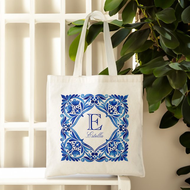 Vintag Talavera Azulejo blaue Kachel mit Monogramm Tragetasche (Vintage Talavera Azulejo blue tile monogram Tote Bag bridesmaids gifts for her bridal party favors)