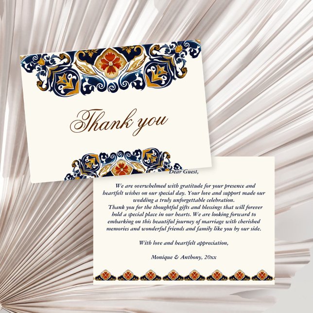 Vintag Talavera Azulejo Blauen Fliesen Hochzeit Dankeskarte (Vintage Talavera Azulejo blue tiles Mexican Spanish wedding Thank You Cards elegant ornate cards)