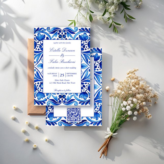 Vintag Talavera Azulejo Blauen Fliesen Hochzeit Einladung (Vintage Talavera Azulejo blue tiles Mexican wedding Invitations with RSVP editable template )
