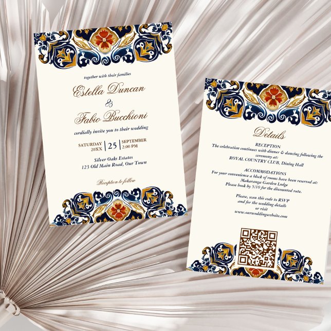 Vintag Talavera Azulejo Blauen Fliesen Hochzeit Einladung (Vintage Talavera Azulejo blue tiles Mediterranean Spanish Mexican all in one wedding Invitation)