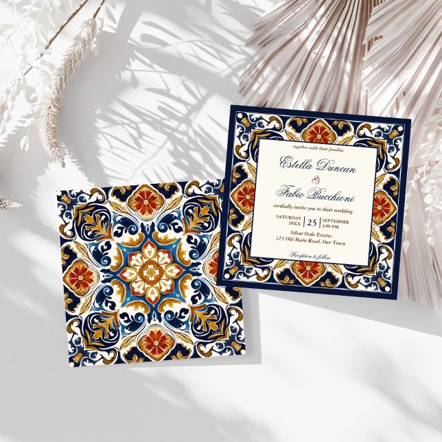Vintag Talavera Azulejo Blauen Fliesen Hochzeit Einladung (Vintage Talavera Azulejo Mediterranean blue tiles wedding Invitation editable template download)