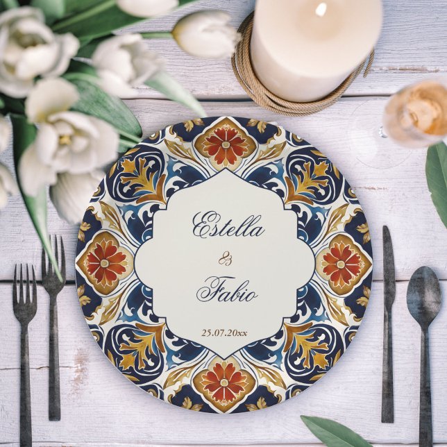Vintag Talavera Azulejo Blauen Fliesen Hochzeit Pappteller (Vintage Talavera Azulejo blue tiles monogram personalized wedding Paper Plates reception decor)
