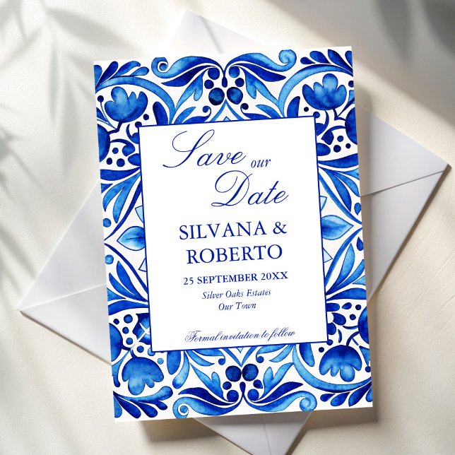 Vintag Talavera Azulejo Blauen Fliesen Hochzeit Save The Date (Vintage Talavera Azulejo blue tiles Mexican Spanish wedding Save The Date cards template )