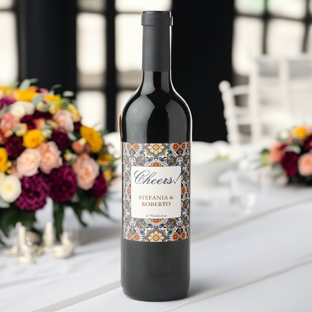 Vintag Talavera Azulejo Blauen Fliesen Hochzeit Weinetikett (Vintage Talavera Azulejo blue tiles wedding favors personalized monogrammed Wine Label table decor)