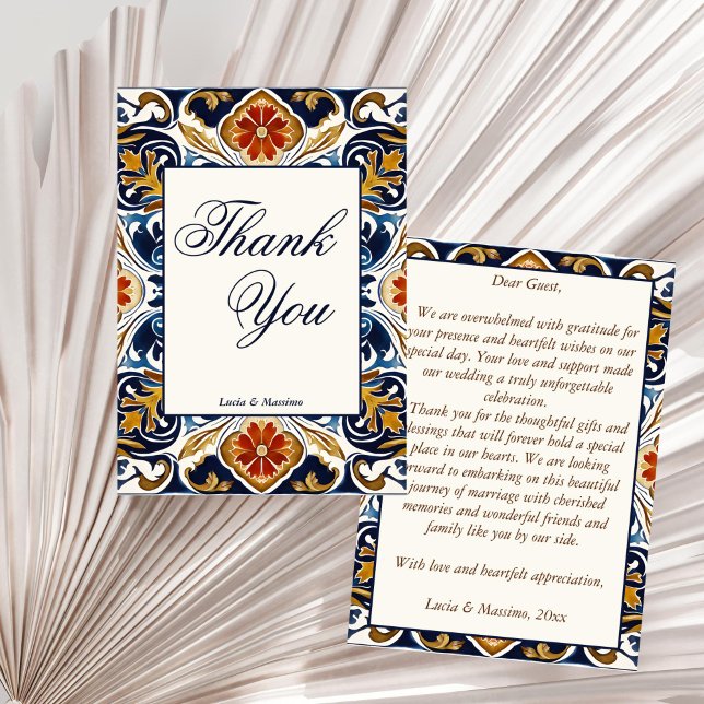 Vintag Talavera Azulejo Hochzeit Dankeskarte (Vintage Talavera Azulejo blue tiles Spanish Mexican Mediterranean wedding Thank You Cards)