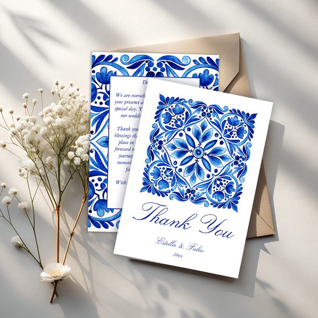 Vintag Talavera Azulejo Hochzeit der Volkskunst Dankeskarte (Vintage Talavera Azulejo blue tiles folk art wedding Thank You Card Mexican Mediterranean  wedding )