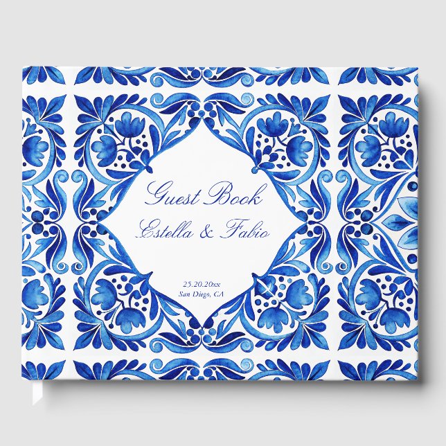 Vintag Talavera Azulejo Hochzeit mit blauen Kachel Gästebuch (Vorderseite)