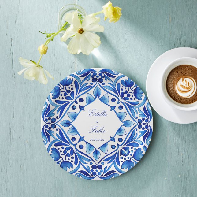 Vintag Talavera Azulejo Hochzeit mit blauen Kachel Pappteller (Vintage Talavera Azulejo blue tiles monogrammed wedding printed Paper Plates personalized table deco)