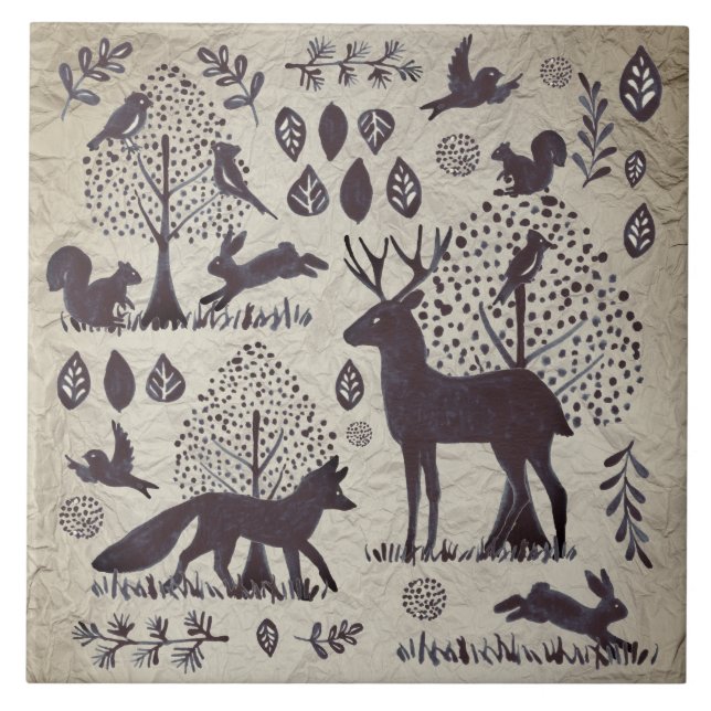 Vintag Tan Grey Woodland Animal Fox Kaninchen Fliese (Vorderseite)