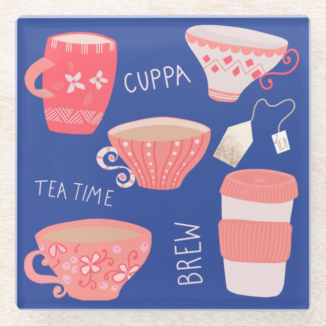 Vintag Teacup Tee Pot-Abbildung Glasuntersetzer (Vorderseite)