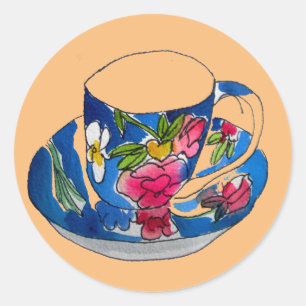 Vintag Teacups Originalillustrierung der Aquarellb Runder Aufkleber