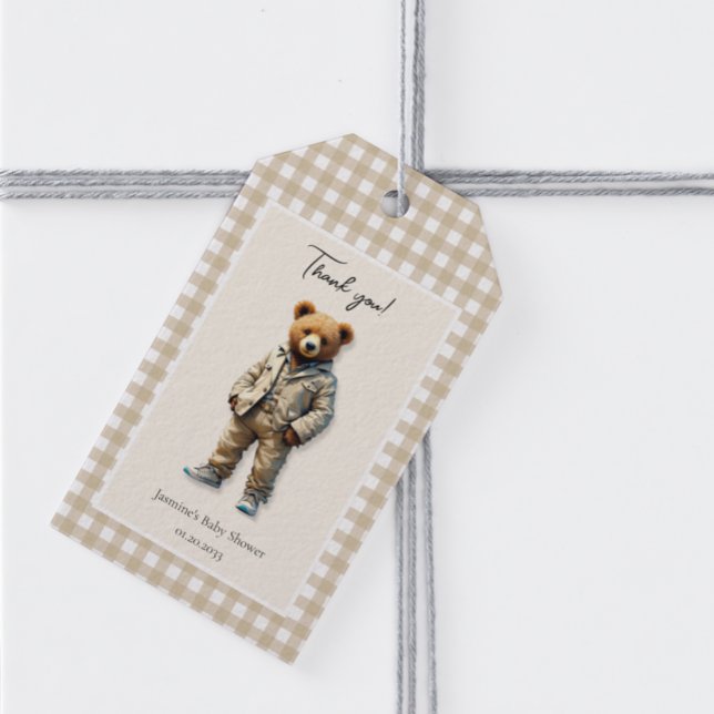 Vintag Teddy Neutral Baby Dusche Geschenkanhänger (cute vintage teddy baby shower gift tag in neutral colors , vintage modern)