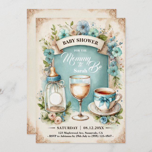 Vintag Tee Party Boys Kinderdusche Einladung (Vorne/Hinten)