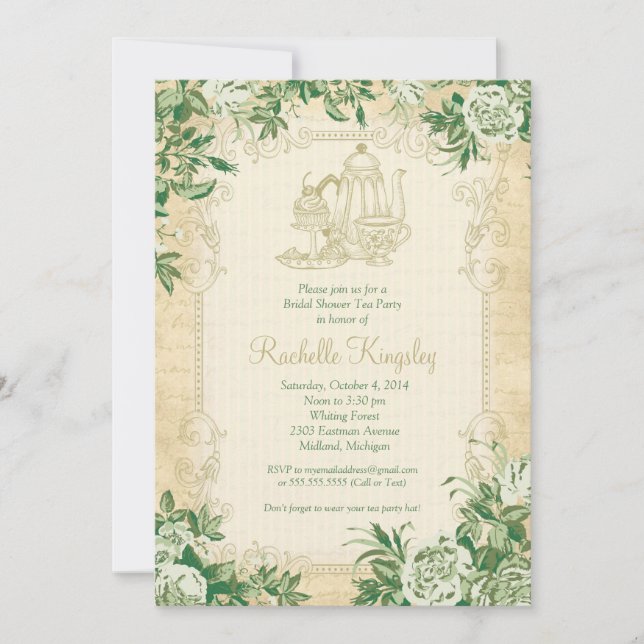 Vintag Tee Party Brautdusche Einladung (Vorderseite)