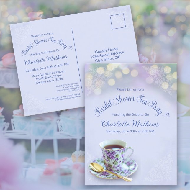 Vintag Tee Party Brautparty Blauer Einladung Postkarte (Vintage Tea Party Bridal Shower Blue Invitation Postcard)