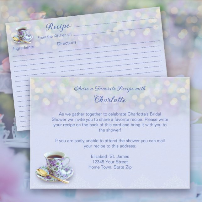 Vintag Tee Party Brautparty Blaues Rezept Begleitkarte (Vintage Tea Party Bridal Shower Blue Recipe Enclosure Card)
