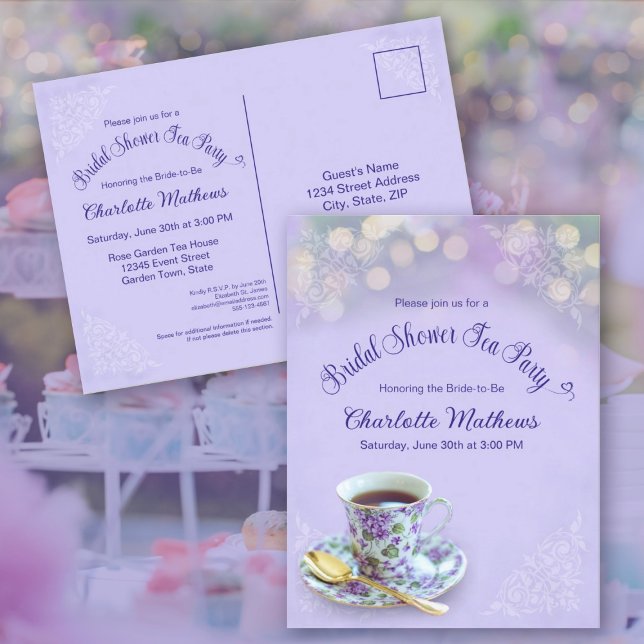 Vintag Tee Party Brautparty Lavendel Einladung Postkarte (Vintage Tea Party Bridal Shower Lavender Invitation Postcard)