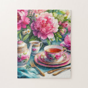 Vintag Tee Party Pink Peonies Jigsaw Puzzle